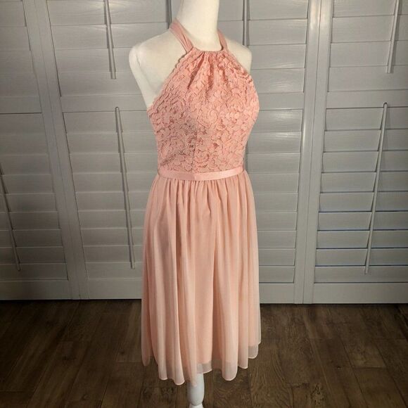 Peach Cocktail Dress 4 Pink Lace Chiffon Bridesmaid Dance Halter Homecoming Prom - Picture 2 of 10